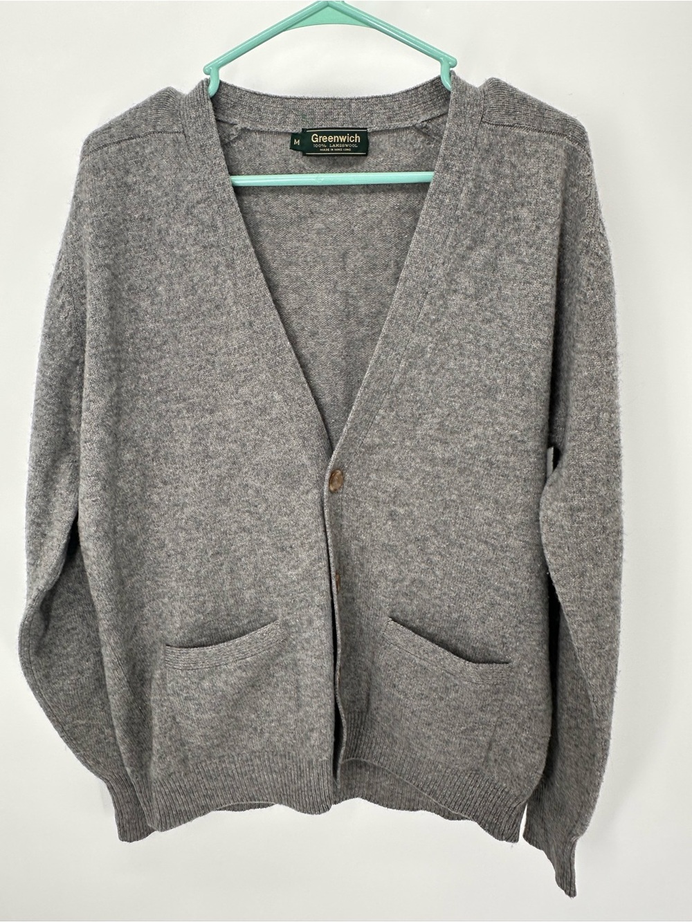 Vintage Greenwich 100% Lambswool Grey V-Neck Button Cardigan